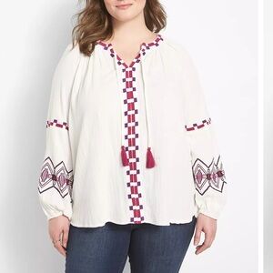 Lane Bryant Size 20 Classic Split-Neck Embroidered Peasant Blouse Long Sleeve